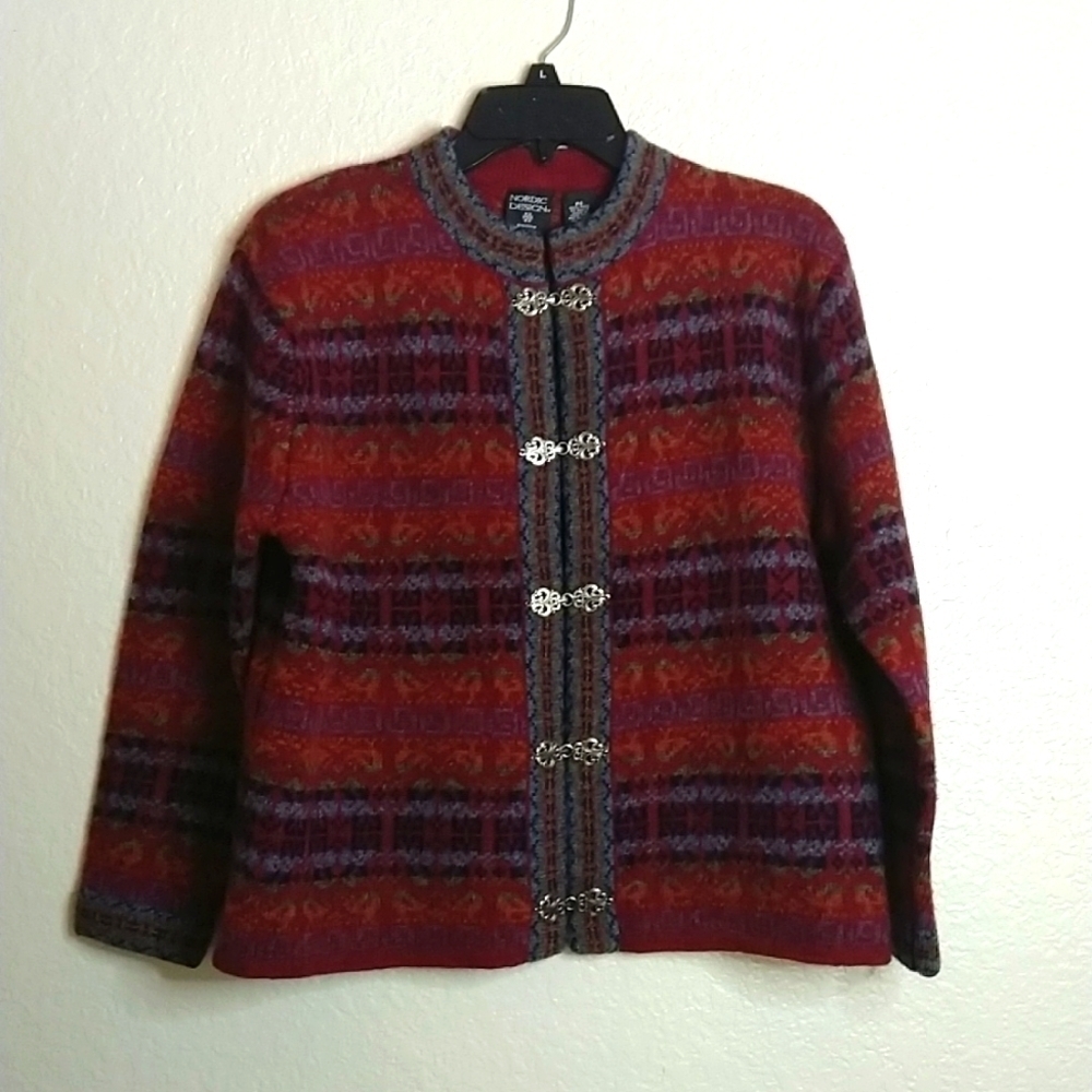 Nordic design wool fair isle cardigan classic metal clasp sz S petite